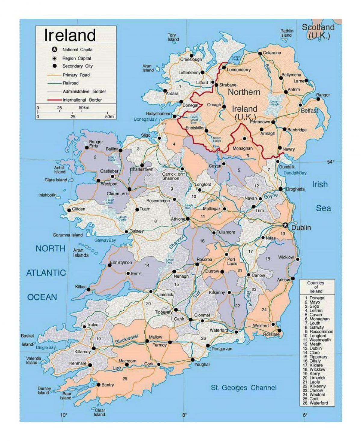 नक्शा आयरलैंड के शहरों के साथ