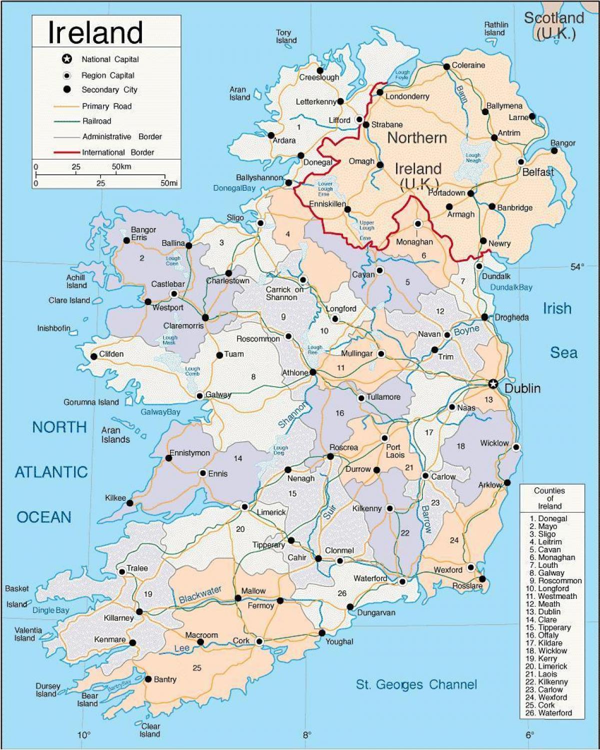 नक्शा आयरलैंड के दिखा शहरों