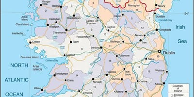 काउंटी नक्शा आयरलैंड के शहरों के साथ