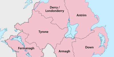 नक्शा उत्तरी आयरलैंड के काउंटी और शहरों